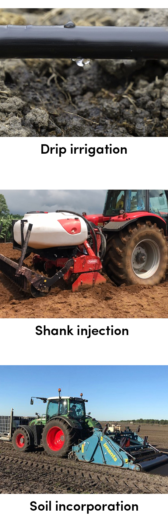 Application methods: drip irrigation, shank injection and soil incorporation
