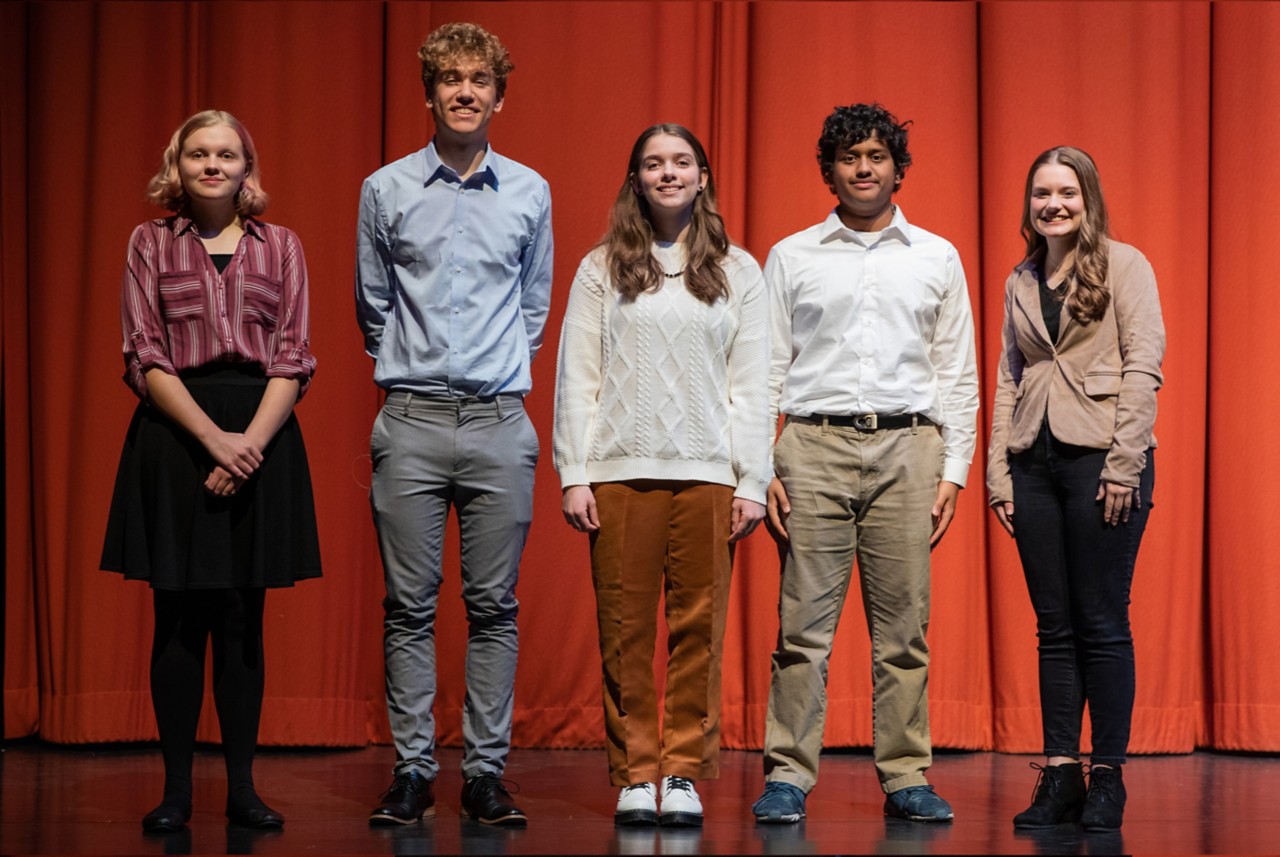 Eastman Black History Month Oratorical finalists (L-R): Ada Hylton, Reid Haas, Lily Gould, Rishab Dey & Sadie Cheshier 