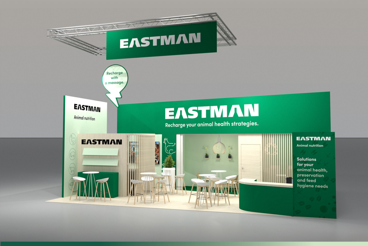 A design rendering of Eastman’s booth at EuroTier 2024, showcasing signs to “recharge your animal health strategies.”  