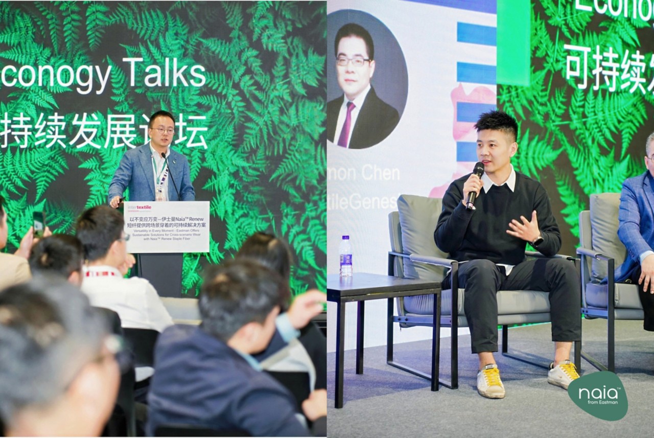 Collage of Lei Ma and Kevin Chem speaking to audiences at the Intertexile conference. 