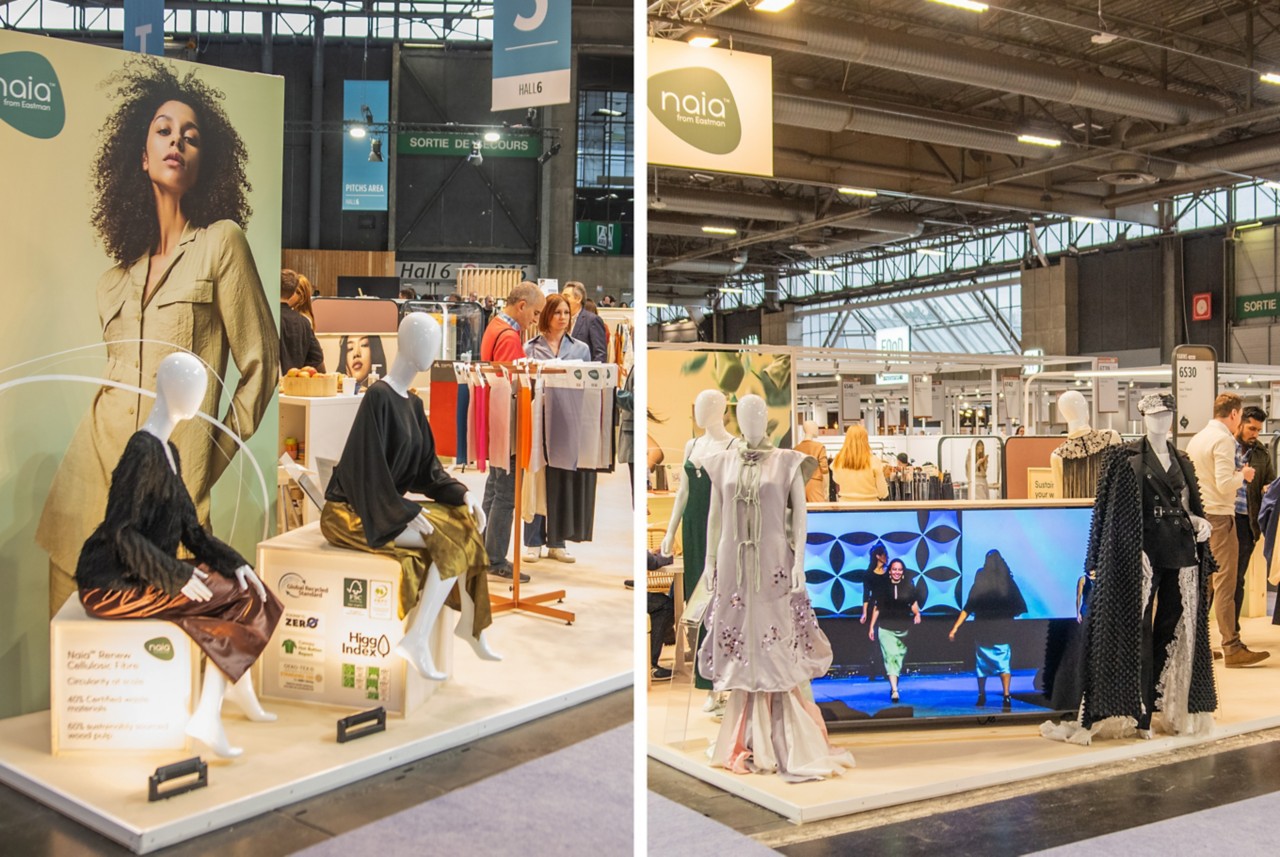 The Naia booth at Première Vision Paris featured mannequins wearing various styles made with the fibers.